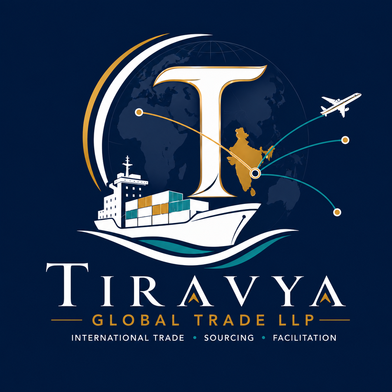 Tiravya Global Trade LLP brand emblem: a globe with trade routes converging on India